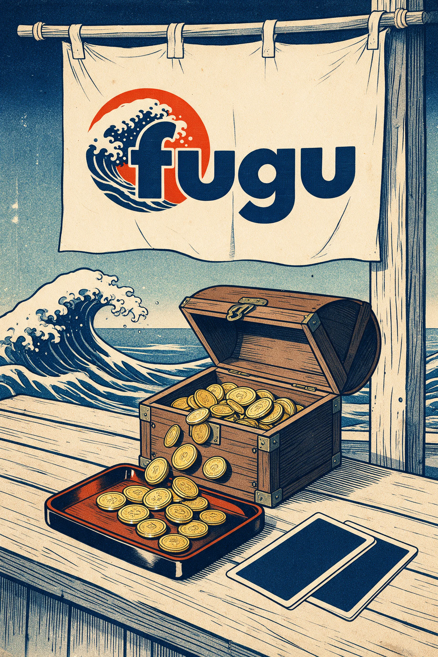 Fugu cashier illustration with coins and a chest