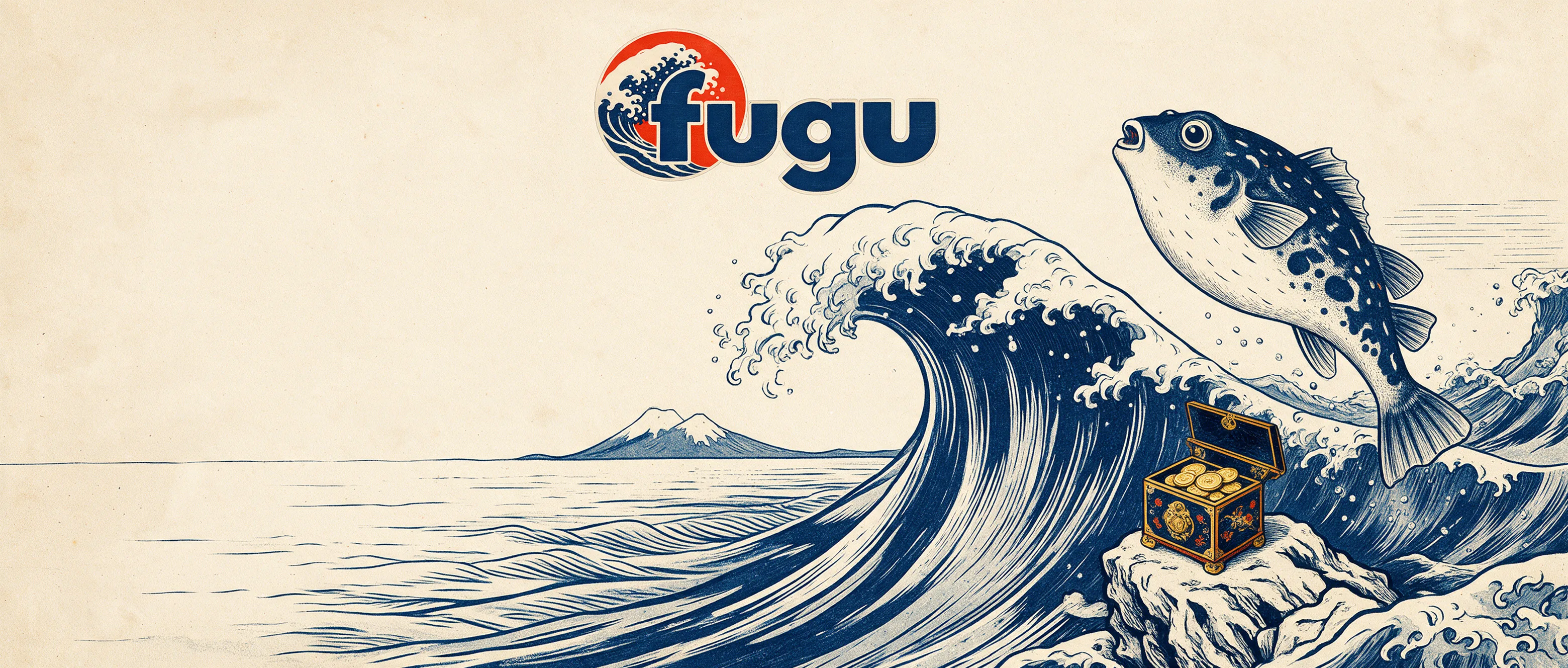 Fugu fish above an ocean wave in a Japanese woodblock illustration